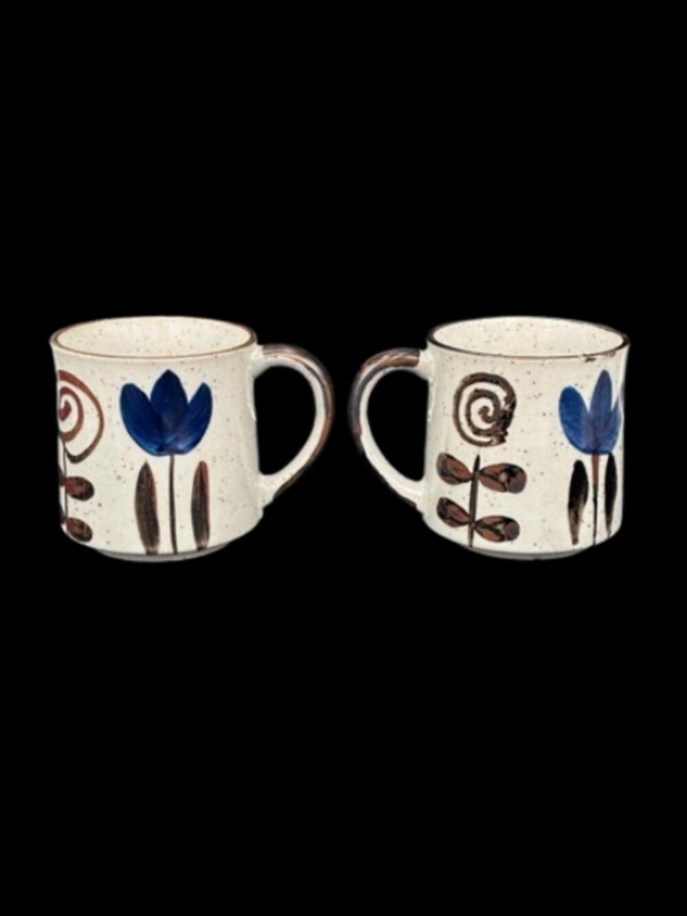 Vintage Otagiri Japan Cobalt Blue Brown Floral Speckled Stoneware Mugs Set 2 - Picture 4 of 7